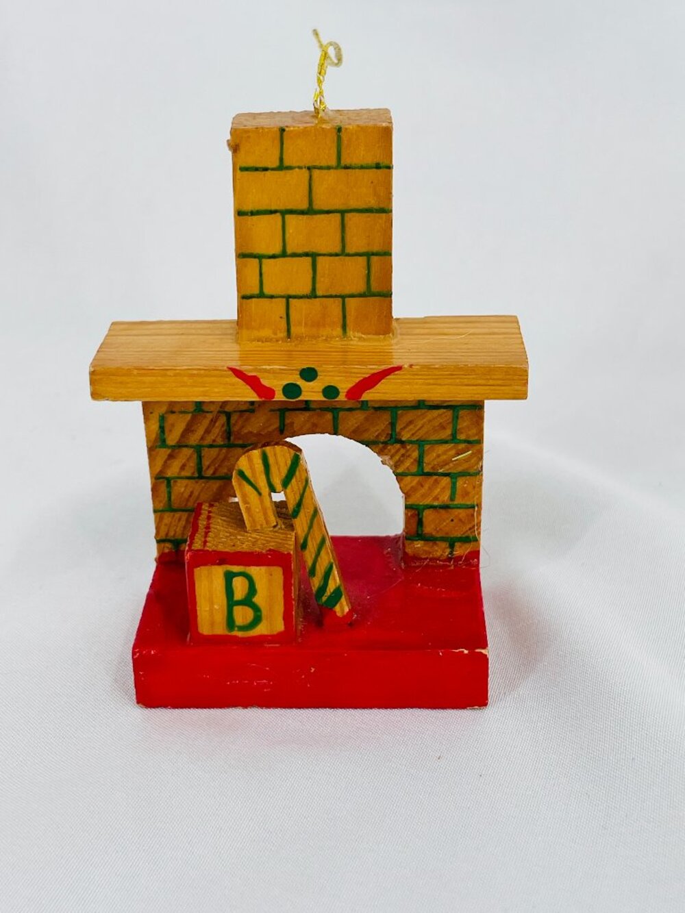 Wooden Christmas Fireplace Ornament with Candy Cane and Block